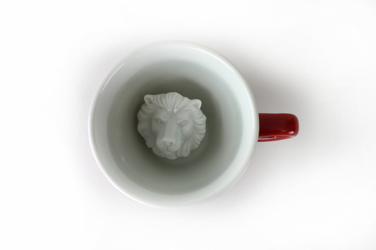 Creature Cups. Hidden Creatures in Your Cup, Lion Coffee Mug, Red & White  Fun